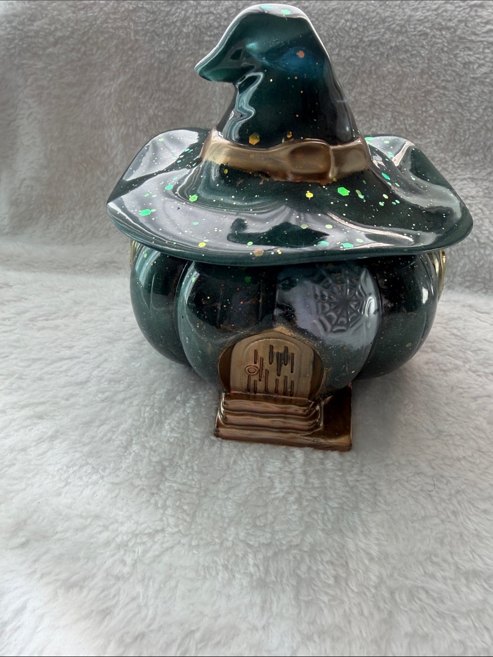 Handmade Glitter Green Witch Hat Pumpkin Jar